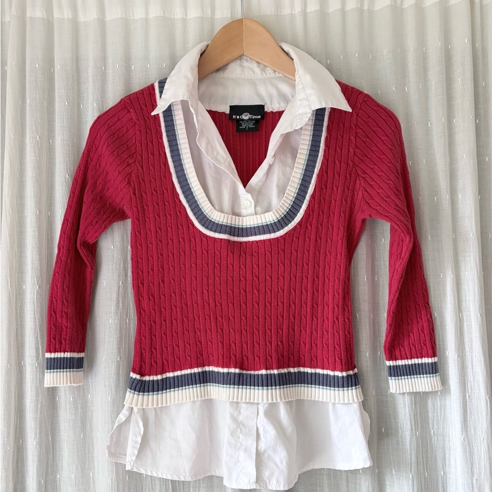 Y2K It's Our Time Canle Knit Red Sweater with Built in White Button Up